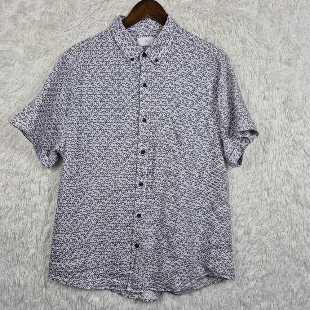 Onia Mens 100% Linen Short Sleeve Button Down Shirt‎ Purple White Print Large
